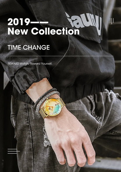 Reward Colorful Laser Changing Glass Men Watch. Featuring a vibrant, color-changing glass and a durable stainless steel strap, this watch is perfect for any sports or outdoor activities, as well as casual and formal occasions.