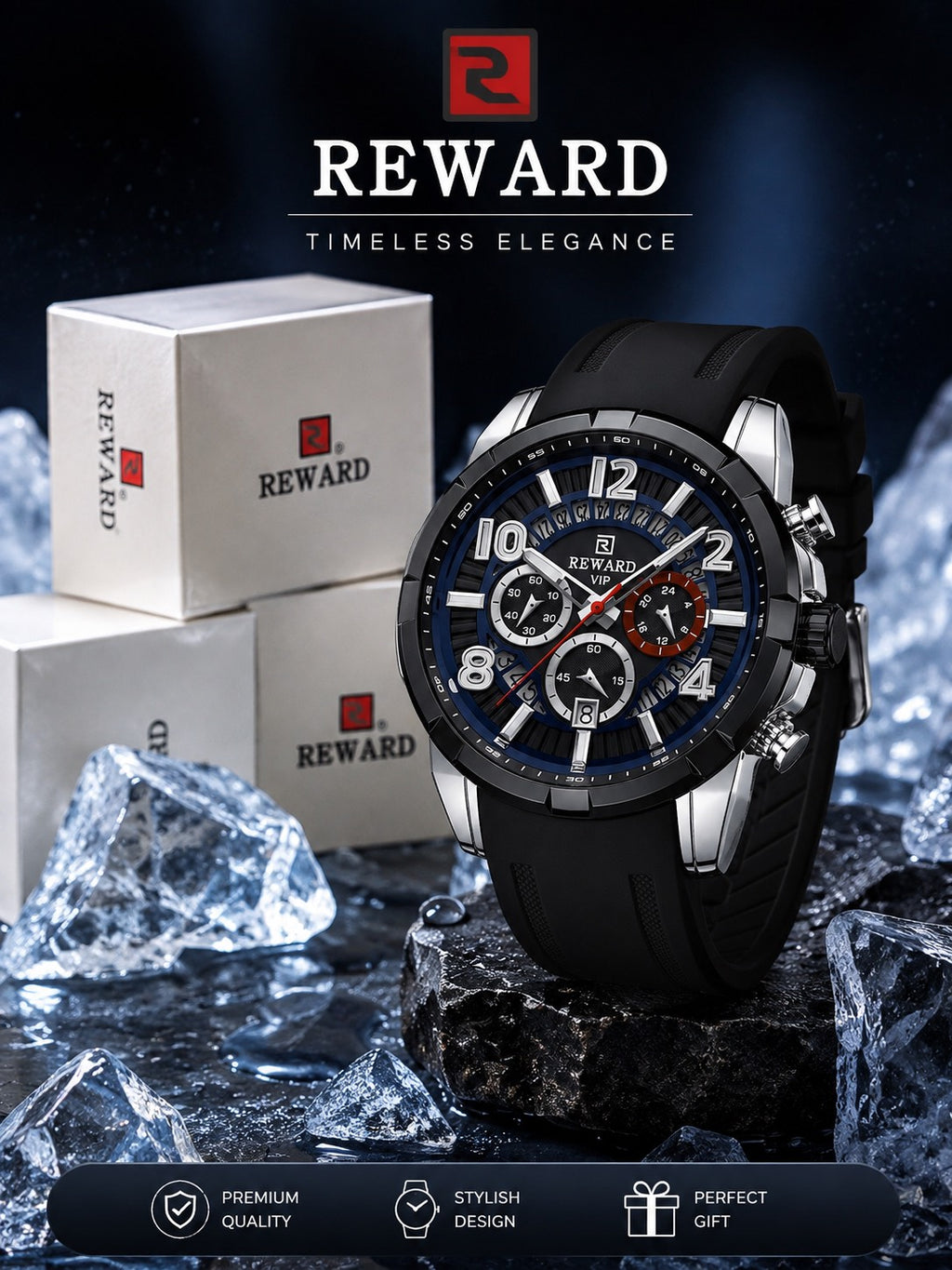 REWARD VIP Men’s Luxury Chronograph Timepiece – Striking 3D Dial, Luminous Display, Sport & Business Style, Water Resistant.