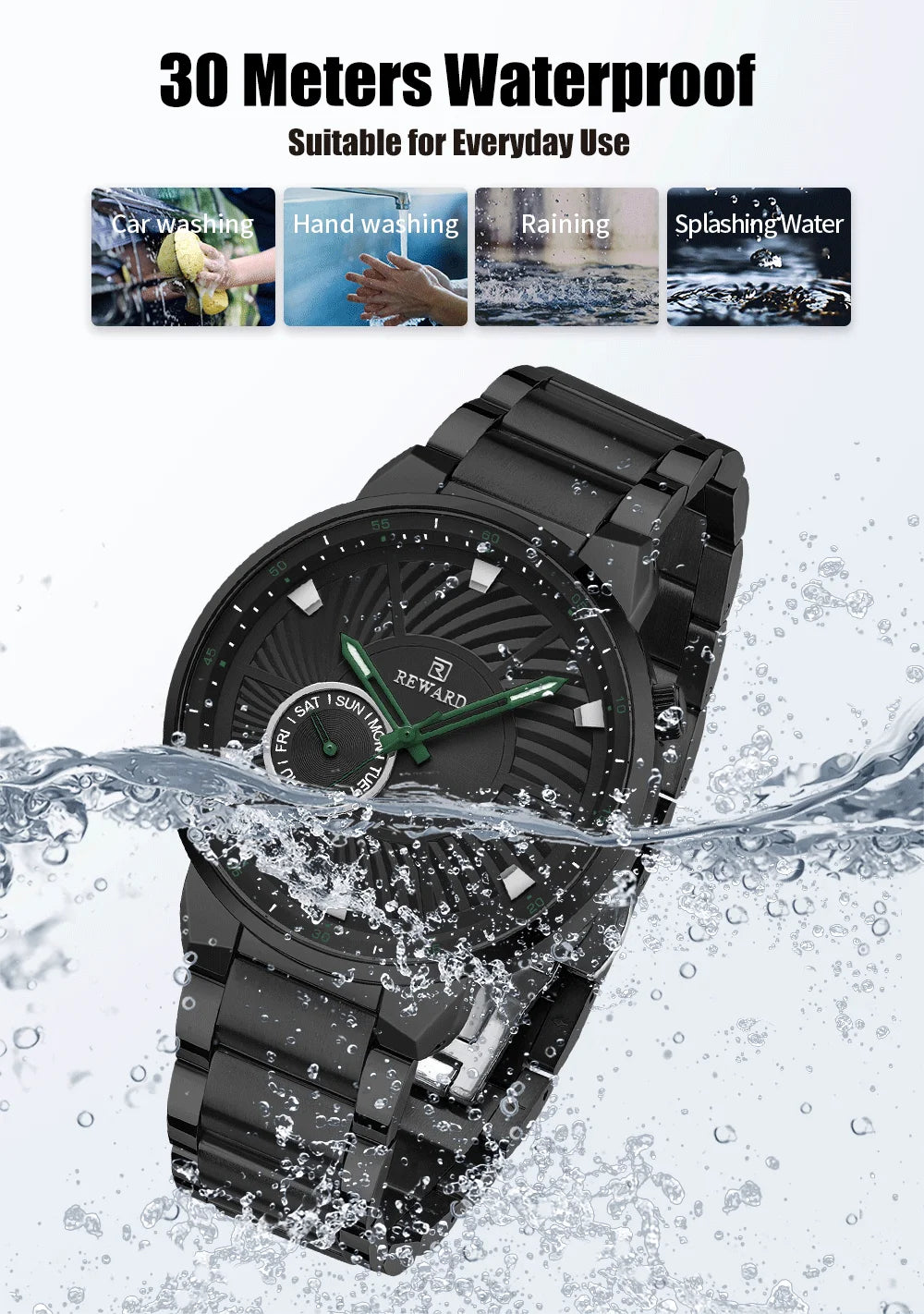 REWARD brand quartz watches for men luxury black color stainless steel quartz watches waterproof wheel custom clocks logo