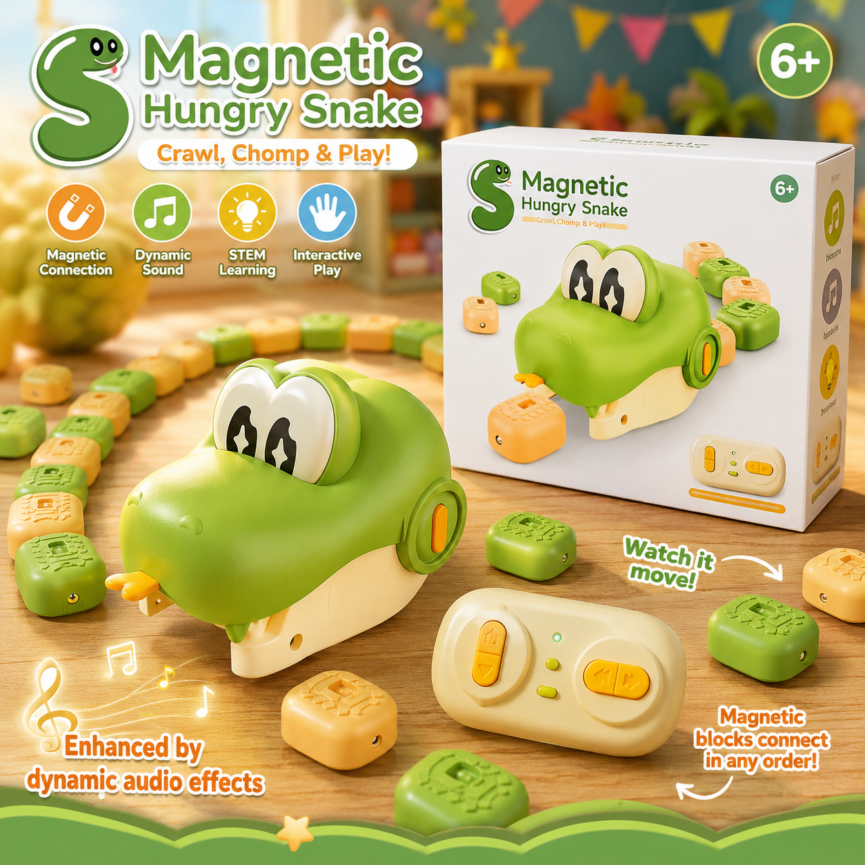 Hungry snake- Toy Remote Control Snake Interactive Magnetic Electric Devour Toy Cars STEM Educational Toys for Kids