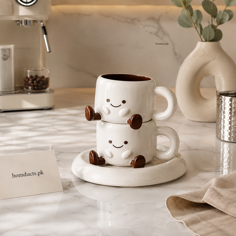 Cute Smiley Ceramic Coffee Cup with Saucer – Kawaii Tea & Coffee Mug Set detail view