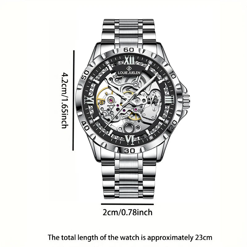 LOUIE JUELEN  Automatic Skeleton Mechanical Watch Men's Business Watch Water-Resistant Luminous Men's Wristwatch