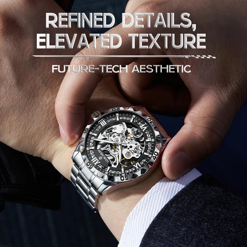 LOUIE JUELEN  Automatic Skeleton Mechanical Watch Men's Business Watch Water-Resistant Luminous Men's Wristwatch