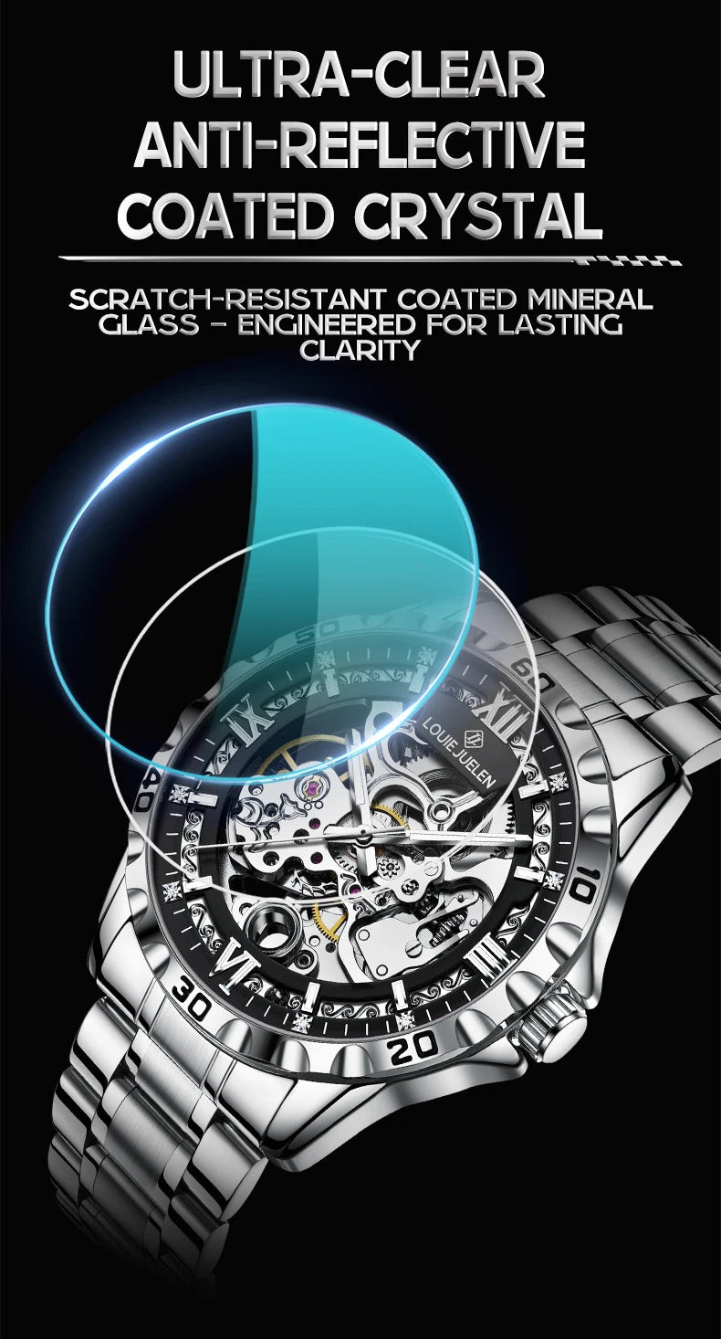 LOUIE JUELEN  Automatic Skeleton Mechanical Watch Men's Business Watch Water-Resistant Luminous Men's Wristwatch