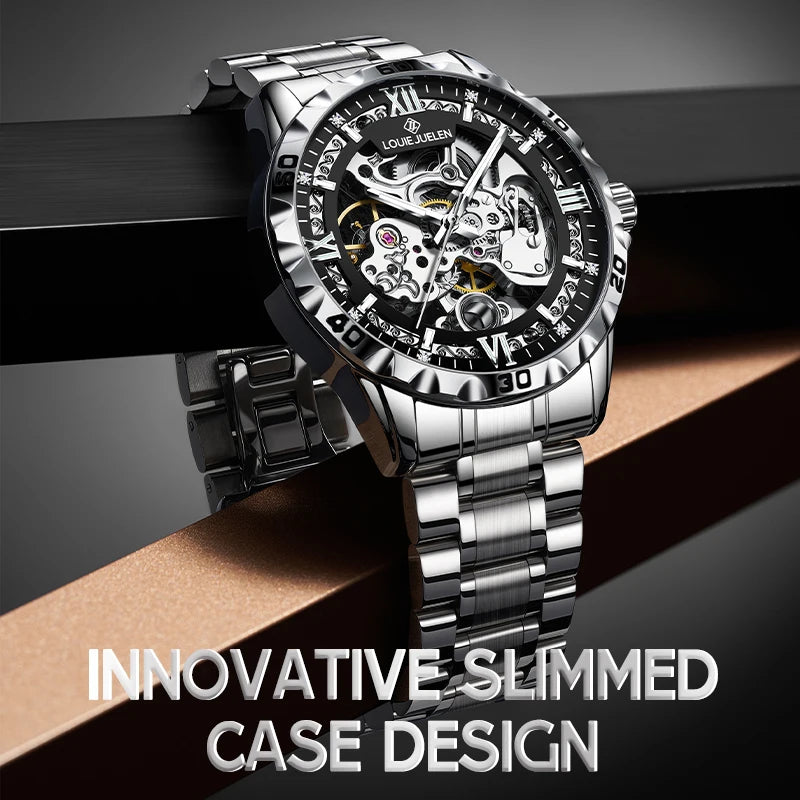 LOUIE JUELEN  Automatic Skeleton Mechanical Watch Men's Business Watch Water-Resistant Luminous Men's Wristwatch