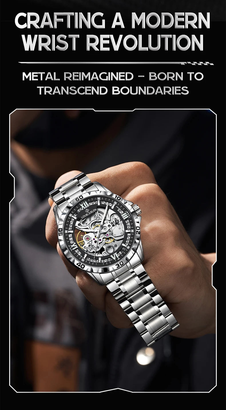 LOUIE JUELEN  Automatic Skeleton Mechanical Watch Men's Business Watch Water-Resistant Luminous Men's Wristwatch