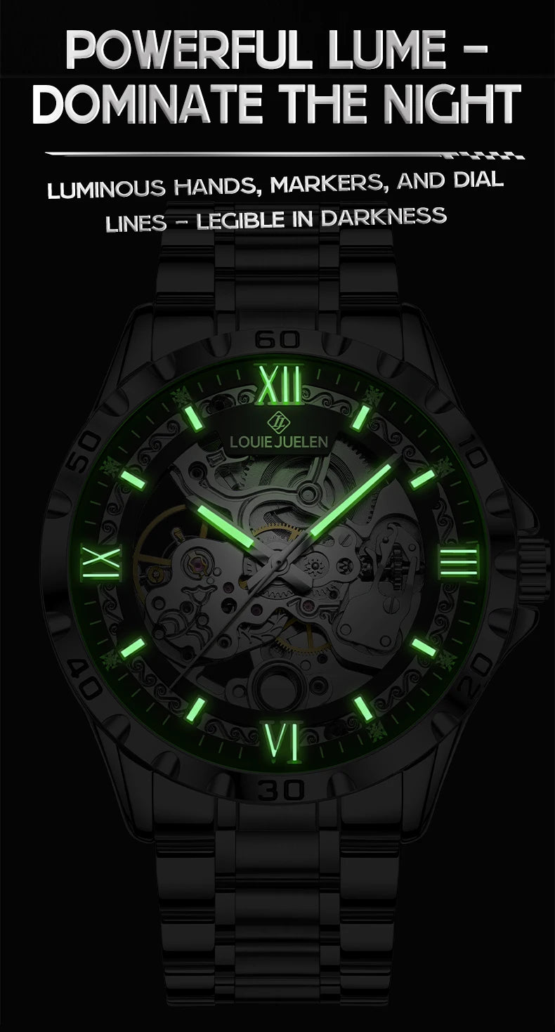LOUIE JUELEN  Automatic Skeleton Mechanical Watch Men's Business Watch Water-Resistant Luminous Men's Wristwatch
