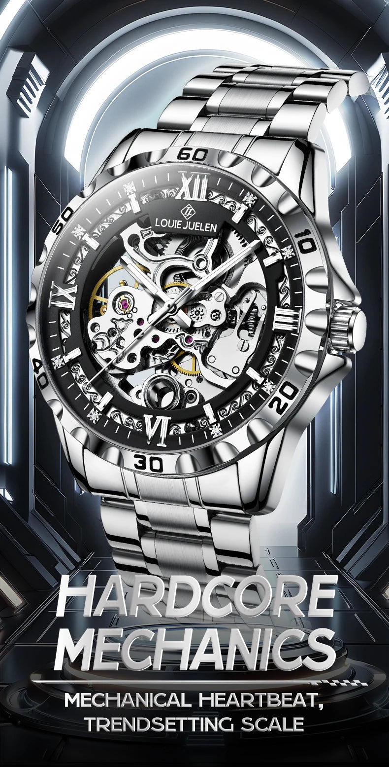 LOUIE JUELEN  Automatic Skeleton Mechanical Watch Men's Business Watch Water-Resistant Luminous Men's Wristwatch
