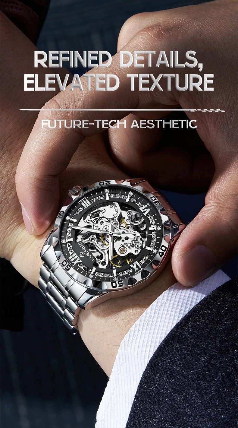 LOUIE JUELEN  Automatic Skeleton Mechanical Watch Men's Business Watch Water-Resistant Luminous Men's Wristwatch