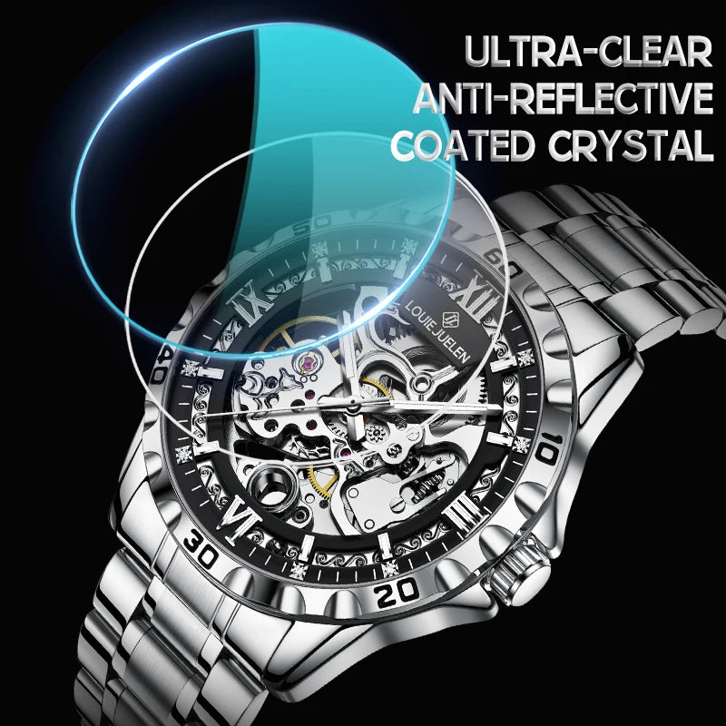 LOUIE JUELEN  Automatic Skeleton Mechanical Watch Men's Business Watch Water-Resistant Luminous Men's Wristwatch