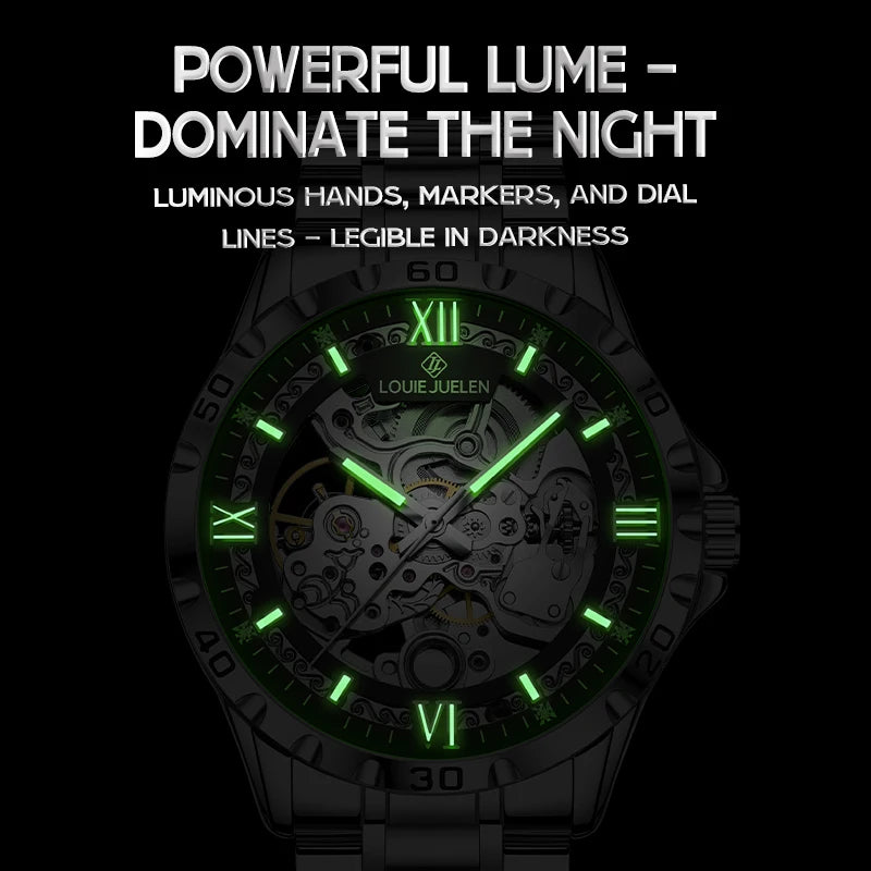 LOUIE JUELEN  Automatic Skeleton Mechanical Watch Men's Business Watch Water-Resistant Luminous Men's Wristwatch