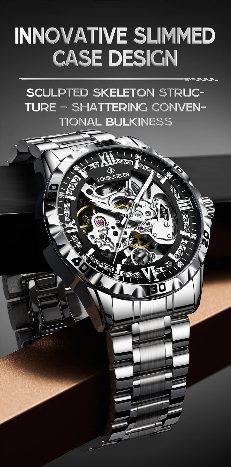 LOUIE JUELEN  Automatic Skeleton Mechanical Watch Men's Business Watch Water-Resistant Luminous Men's Wristwatch