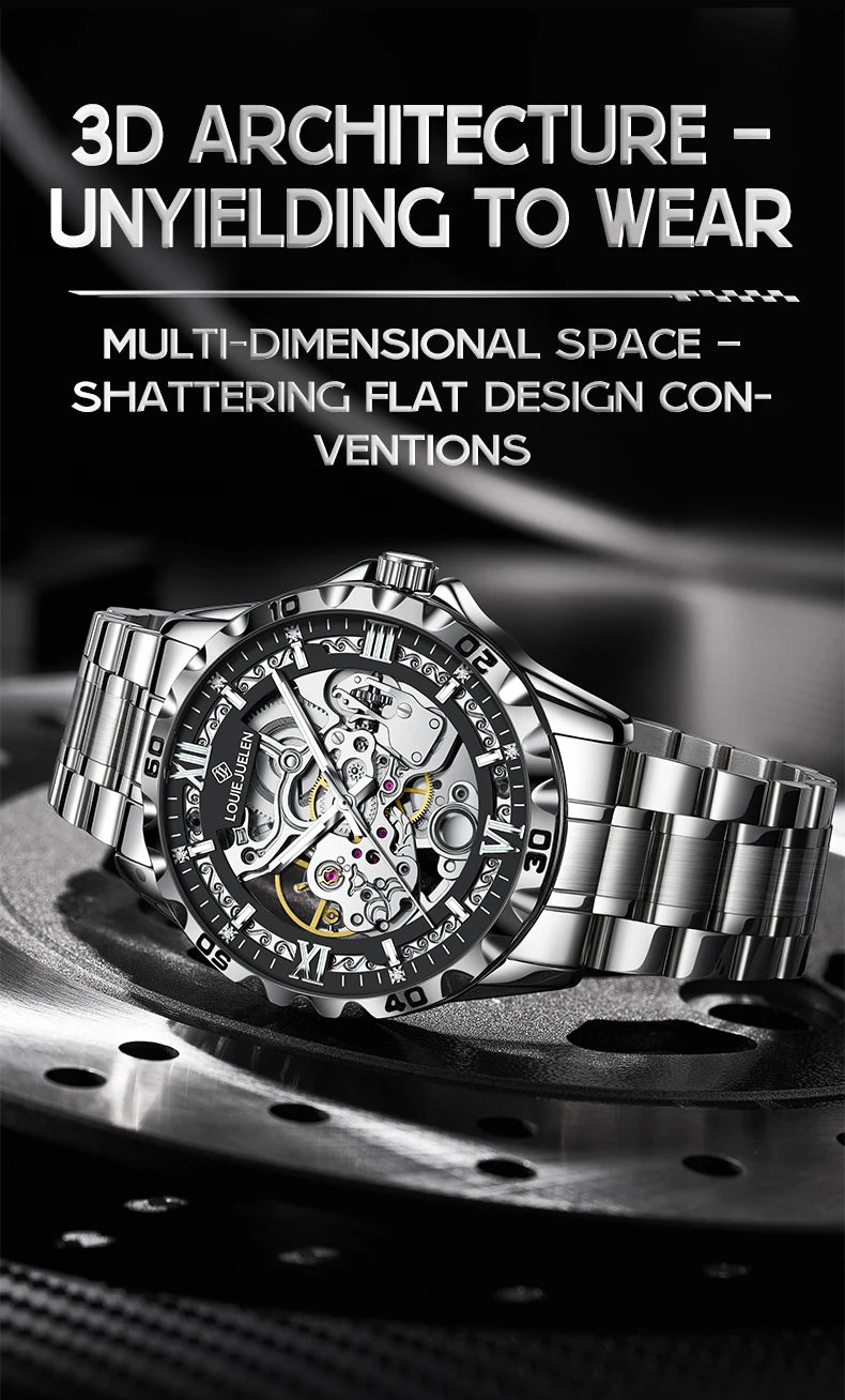 LOUIE JUELEN  Automatic Skeleton Mechanical Watch Men's Business Watch Water-Resistant Luminous Men's Wristwatch