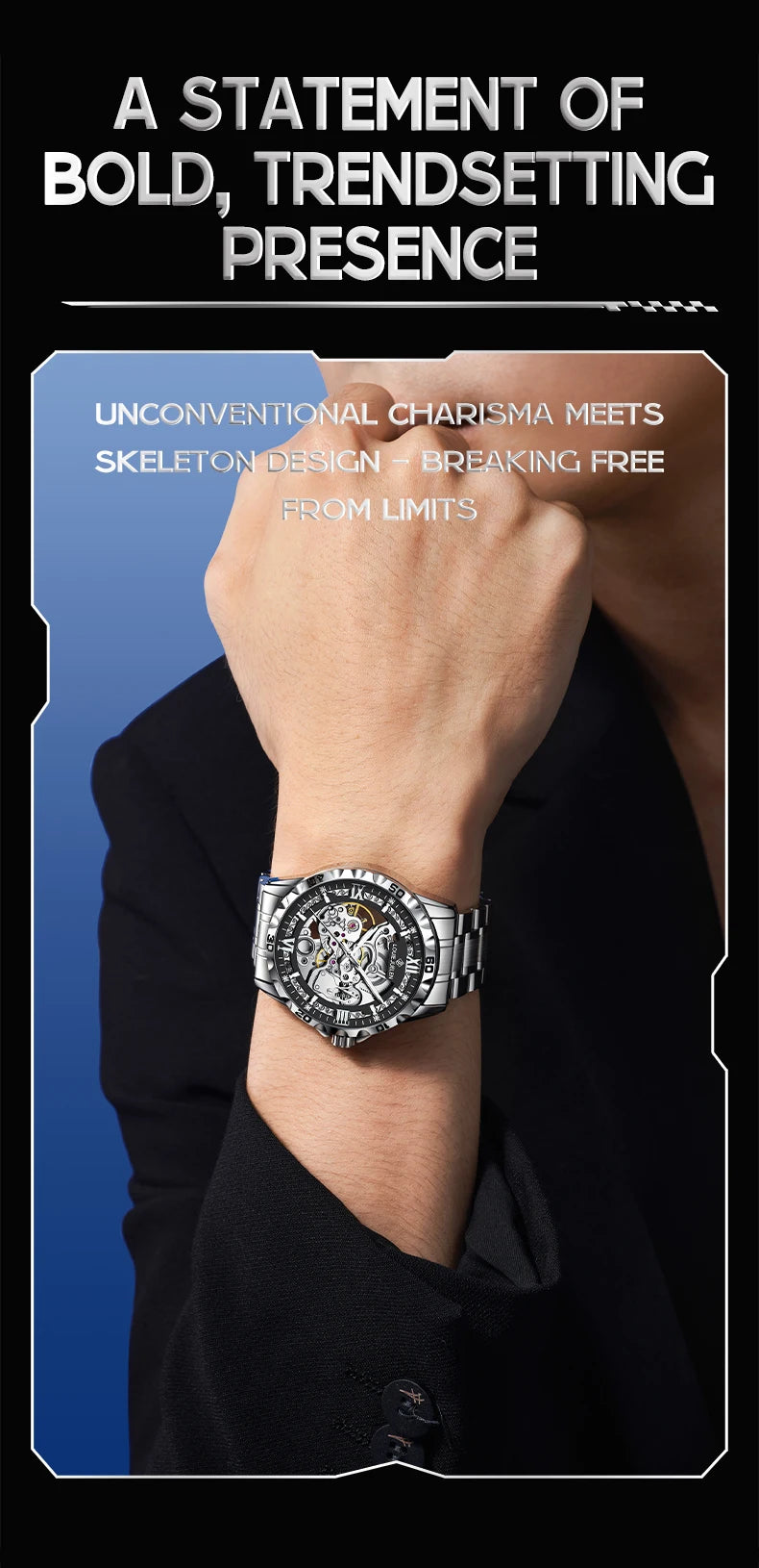 LOUIE JUELEN  Automatic Skeleton Mechanical Watch Men's Business Watch Water-Resistant Luminous Men's Wristwatch
