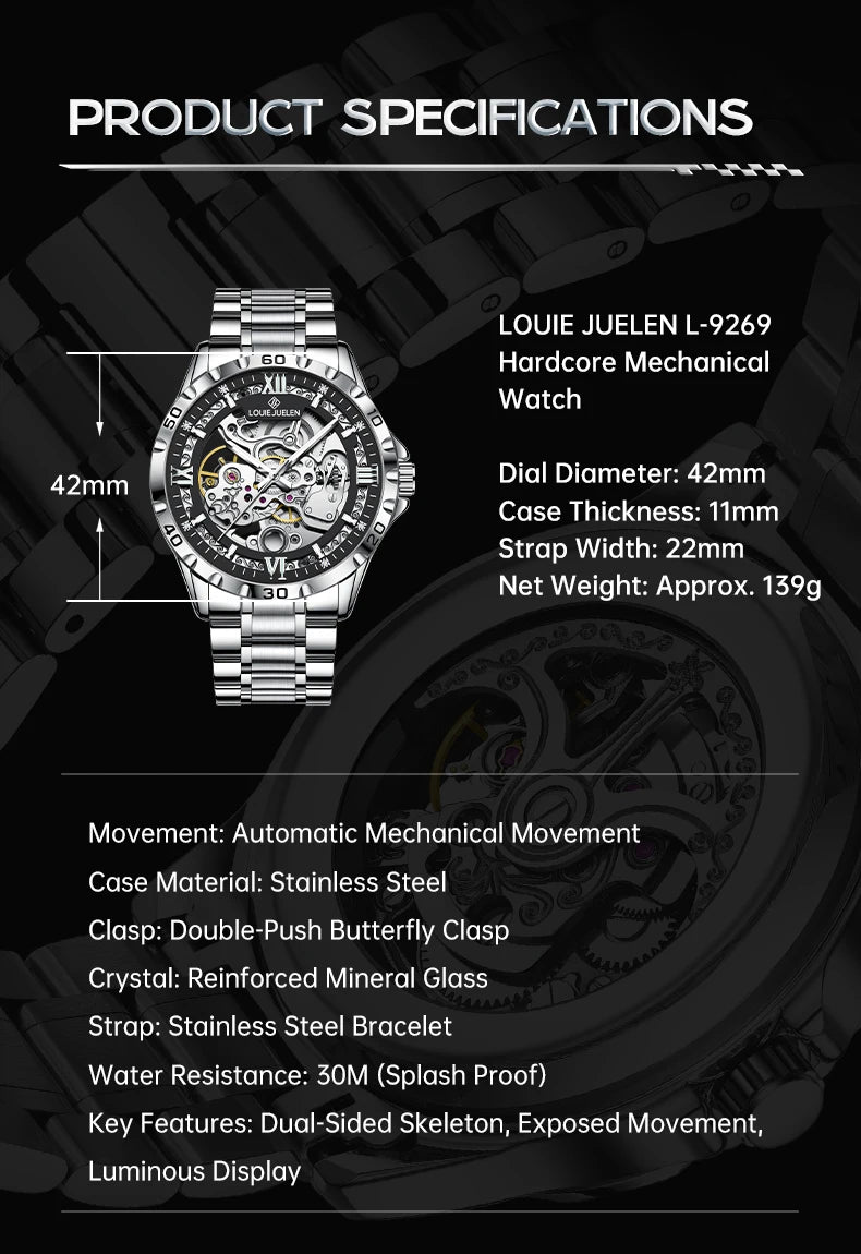 LOUIE JUELEN  Automatic Skeleton Mechanical Watch Men's Business Watch Water-Resistant Luminous Men's Wristwatch