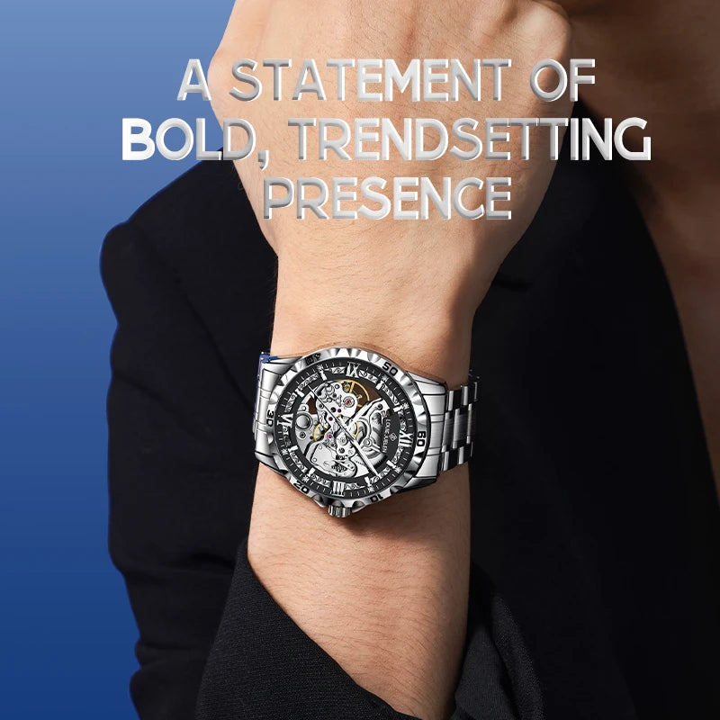 LOUIE JUELEN  Automatic Skeleton Mechanical Watch Men's Business Watch Water-Resistant Luminous Men's Wristwatch