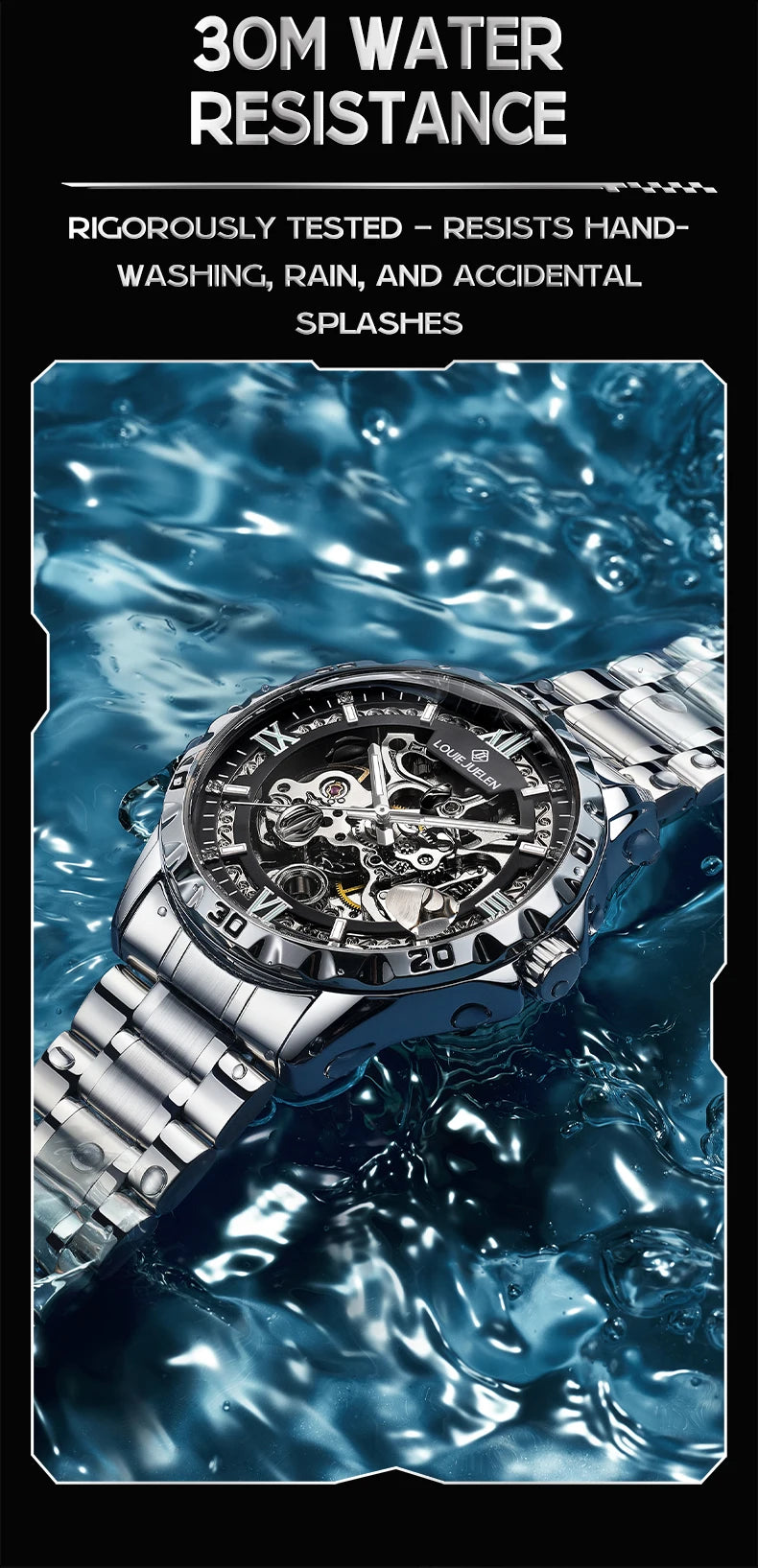 LOUIE JUELEN  Automatic Skeleton Mechanical Watch Men's Business Watch Water-Resistant Luminous Men's Wristwatch