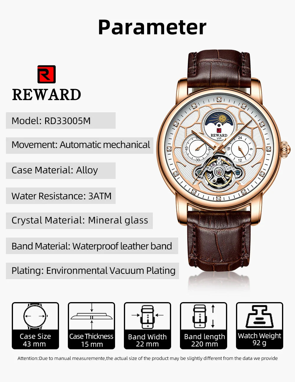 Reward Luxury men stainless steel automatic moon phase mechanical watch 2021 Custom logo casual fashion tourbillon wrist watch,RD33005M