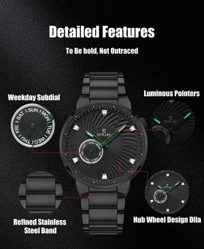 REWARD brand quartz watches for men luxury black color stainless steel quartz watches waterproof wheel custom clocks logo