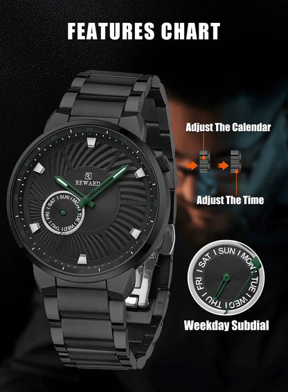 REWARD brand quartz watches for men luxury black color stainless steel quartz watches waterproof wheel custom clocks logo