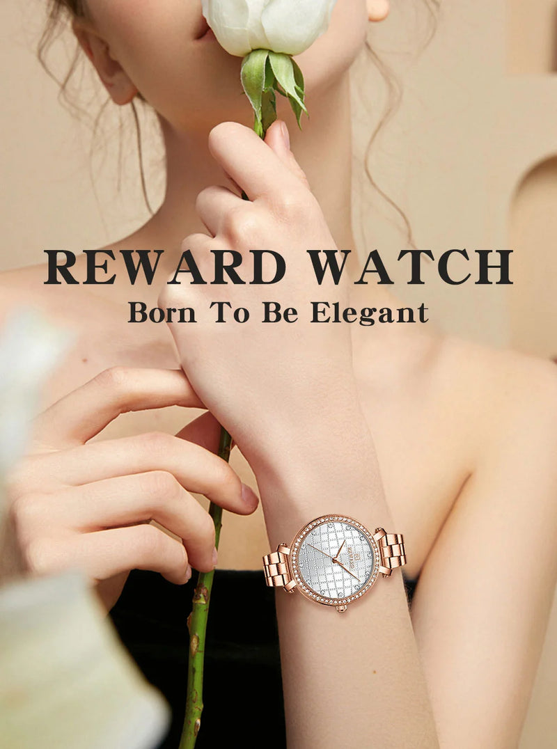 Reward 2022 New Arrival Wrist Watch Women Luxury Diamond Inlay Stainless Steel Ladies Golden Watches Wholesale Montre Acier RD21075L detail view