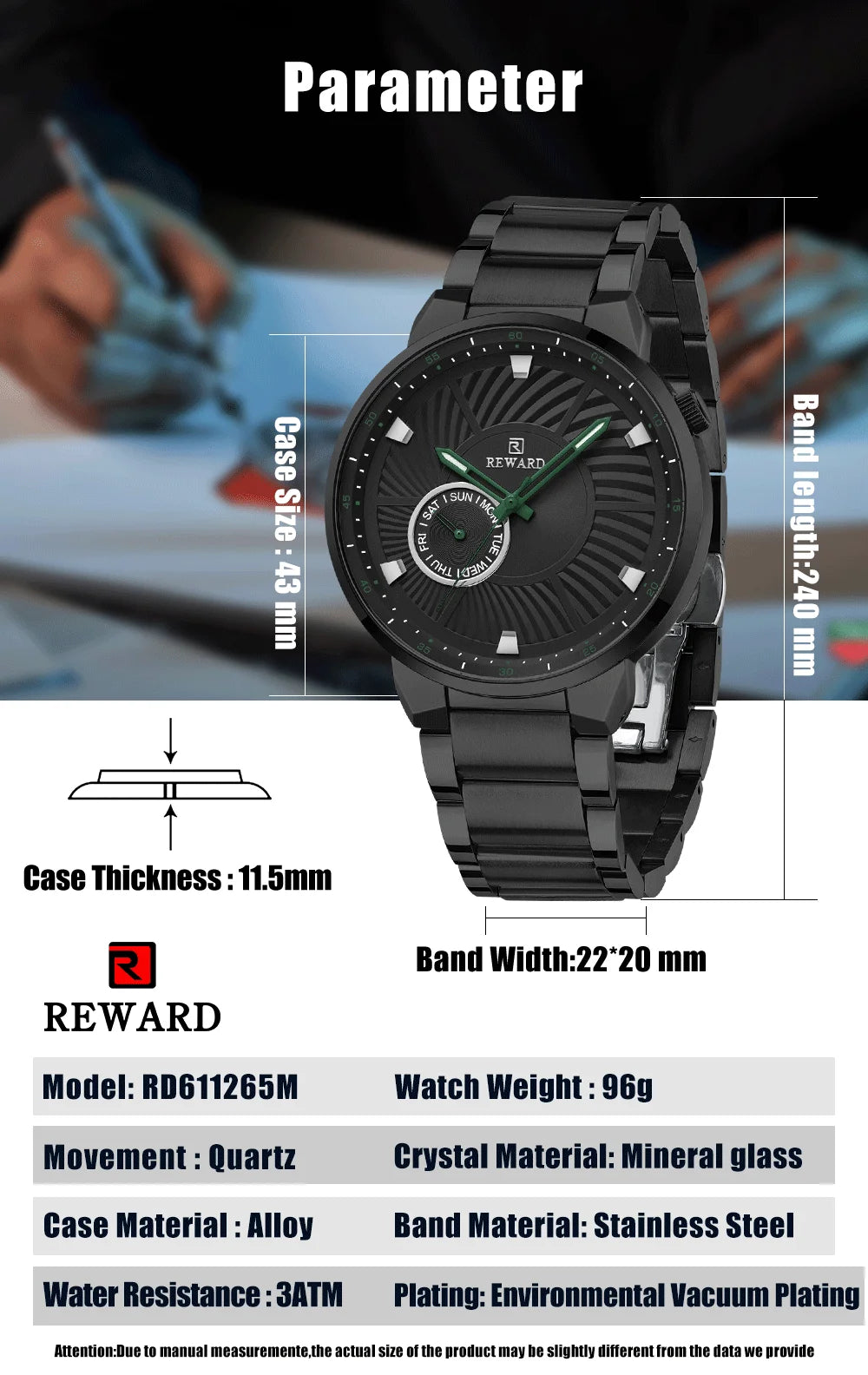 REWARD brand quartz watches for men luxury black color stainless steel quartz watches waterproof wheel custom clocks logo