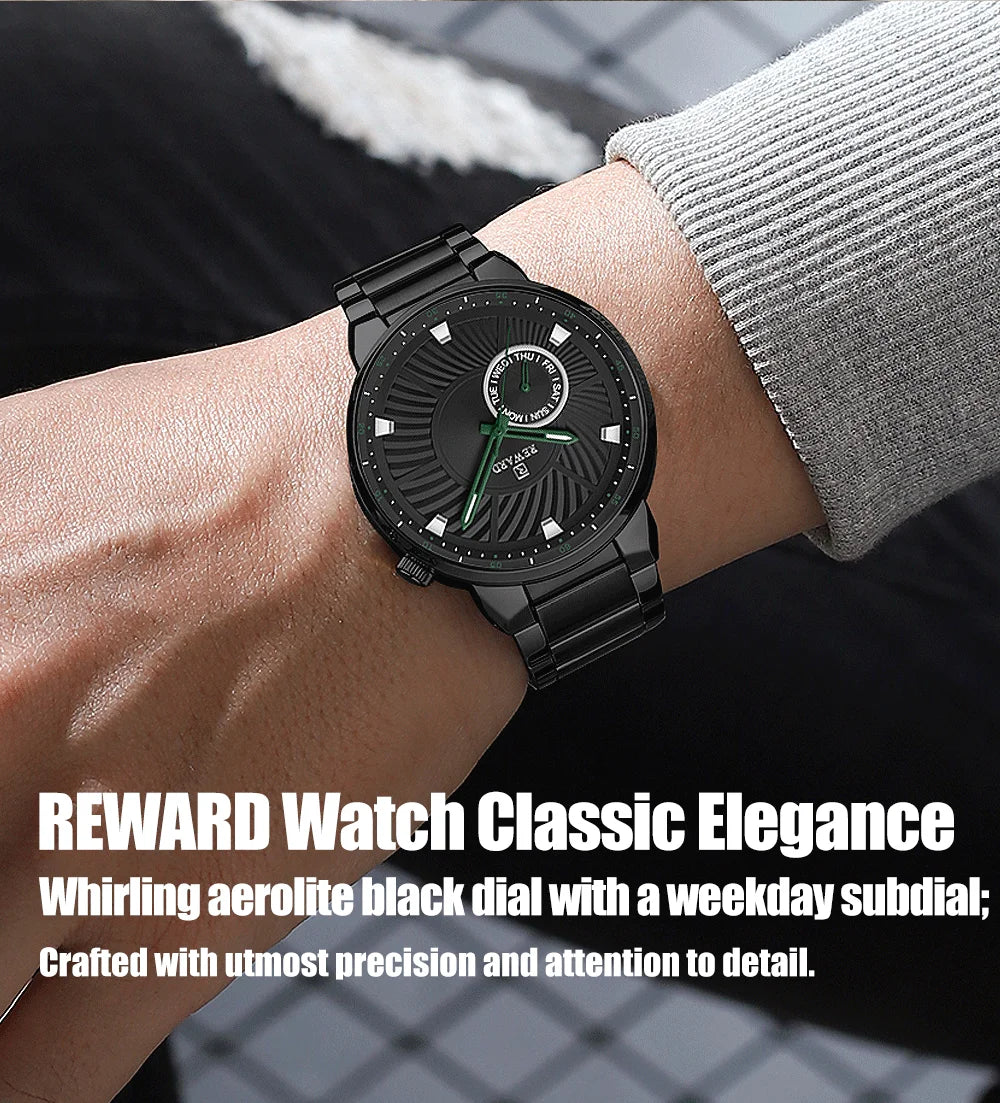 REWARD brand quartz watches for men luxury black color stainless steel quartz watches waterproof wheel custom clocks logo