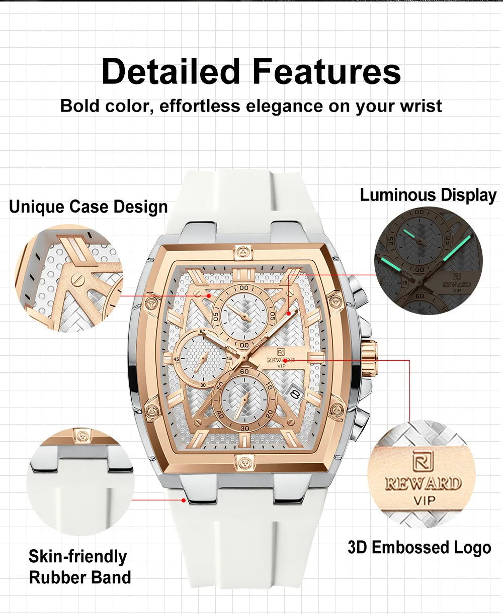 REWARD Fashion Watch Men Square Top Quality Luxury Alloy Quartz Watches Calendar Rubber Band Male Wrist Watches Factory OEM